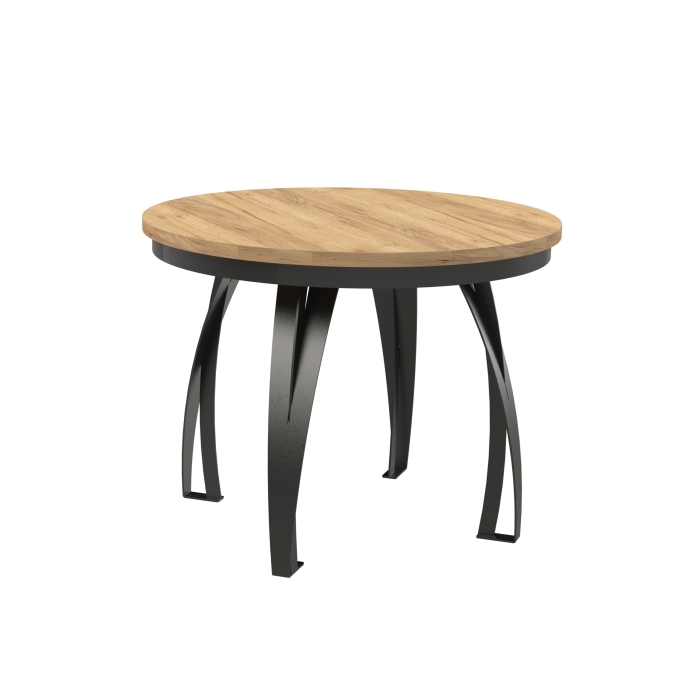 Stół rozkładany okrągły IRVINE 100–138 cm – loftowy design, blat dąb craft biały, czarne metalowe nogi